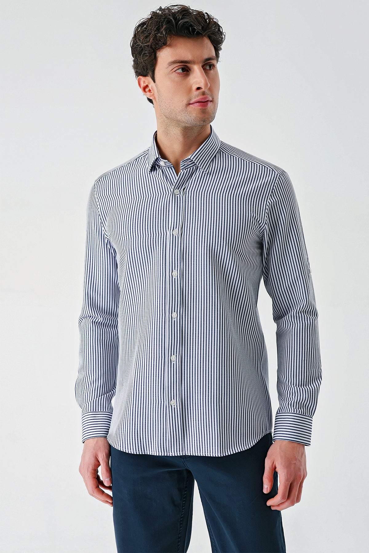 Slim-Fit Striped Oxford Shirt - Navy