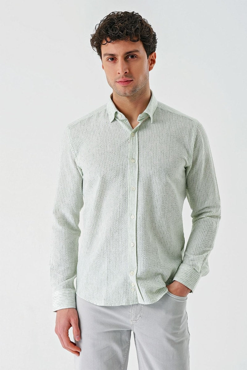 Mint Green Slim-Fit Striped Oxford Shirt