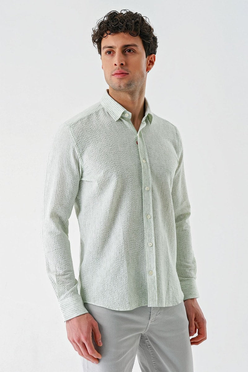 Mint Green Slim-Fit Striped Oxford Shirt