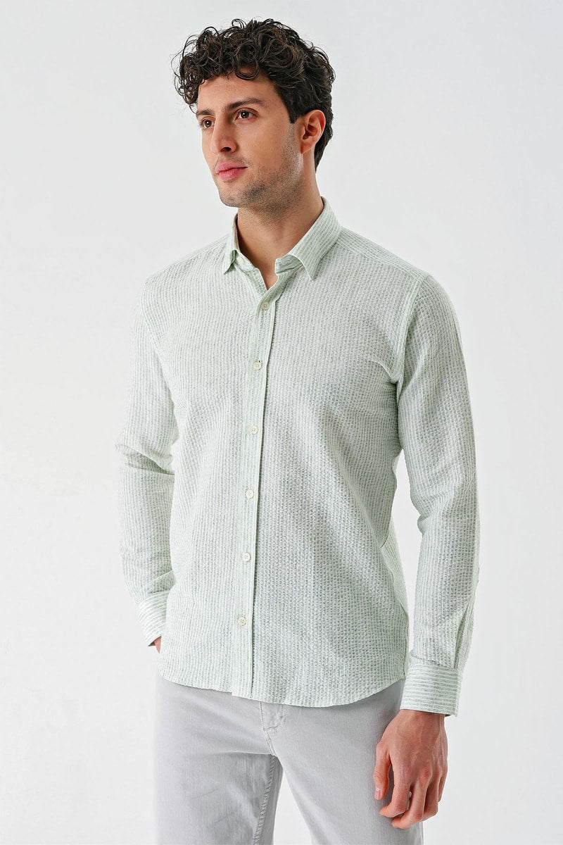 Mint Green Slim-Fit Striped Oxford Shirt