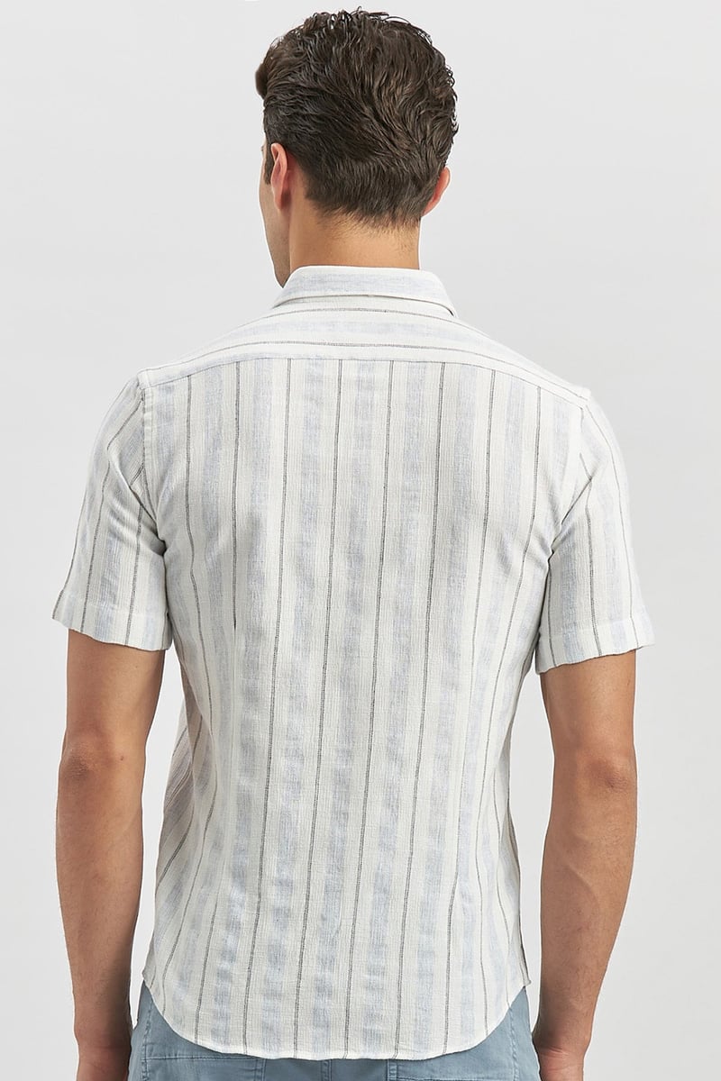 Blue Slim-Fit Short Sleeve Striped Shirt