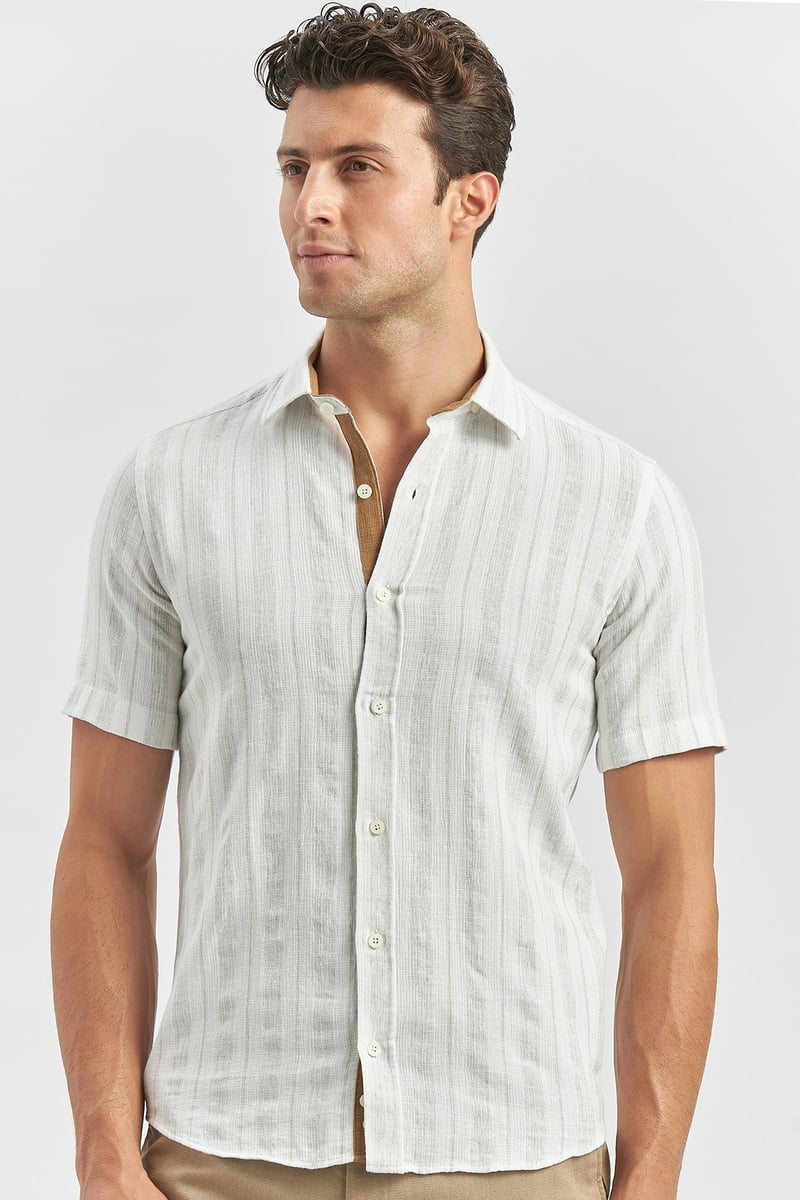 Slim-Fit Short Sleeve Striped Shirt - Beige