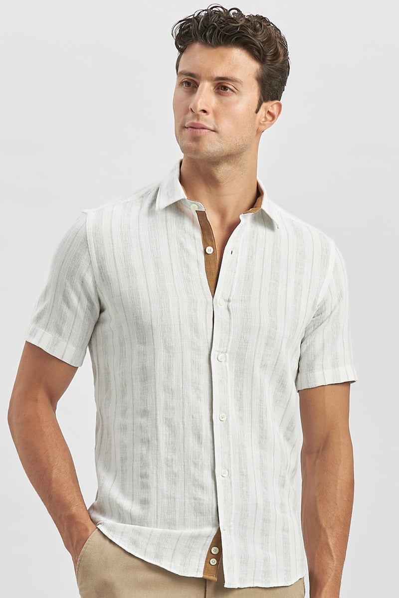 Slim-Fit Short Sleeve Striped Shirt - Beige
