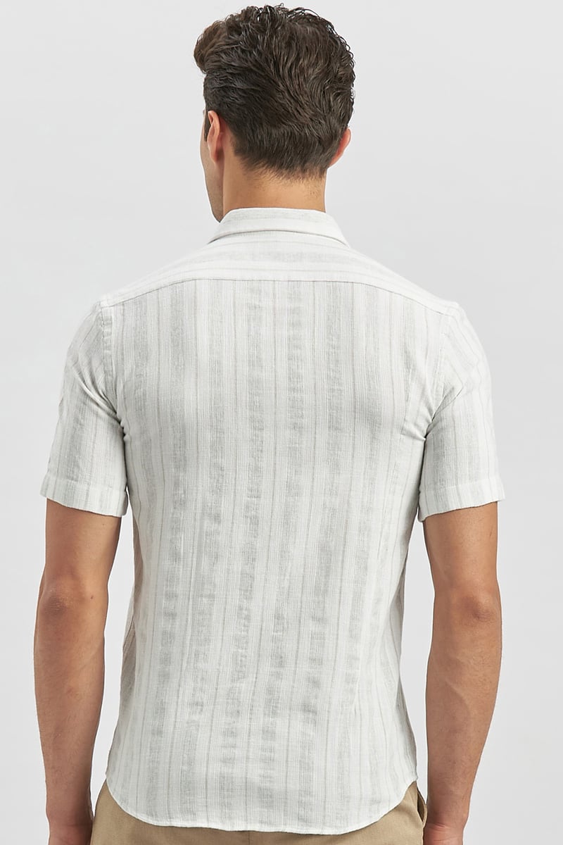 Slim-Fit Short Sleeve Striped Shirt - Beige