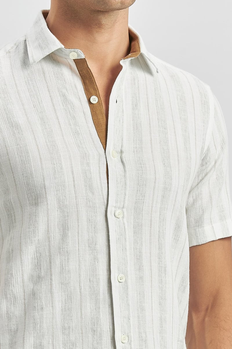 Slim-Fit Short Sleeve Striped Shirt - Beige