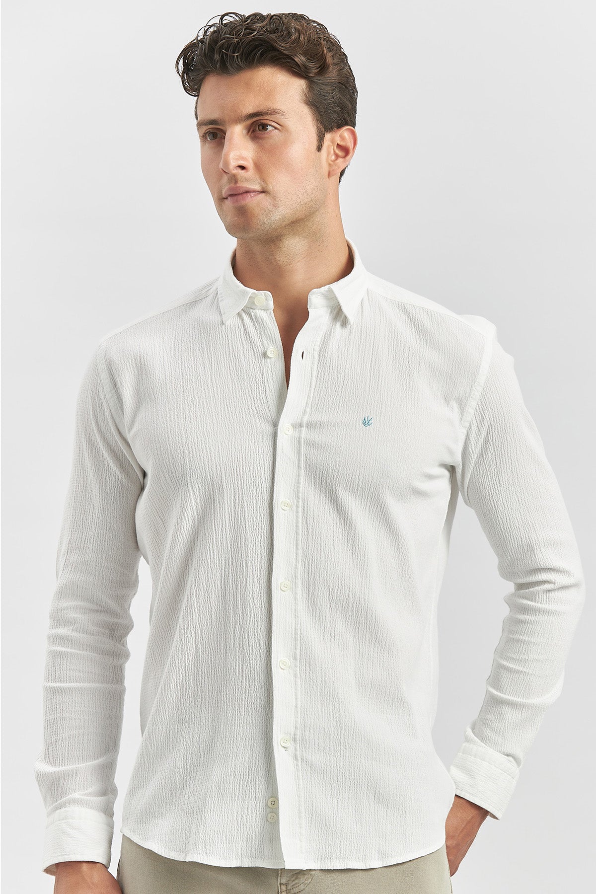 Slim-Fit Patterned Oxford Shirt - White