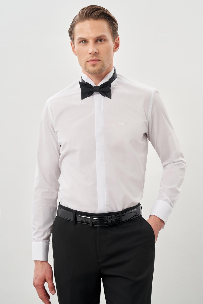Slim-Fit Tuxedo Hidden Buttons Shirt - White