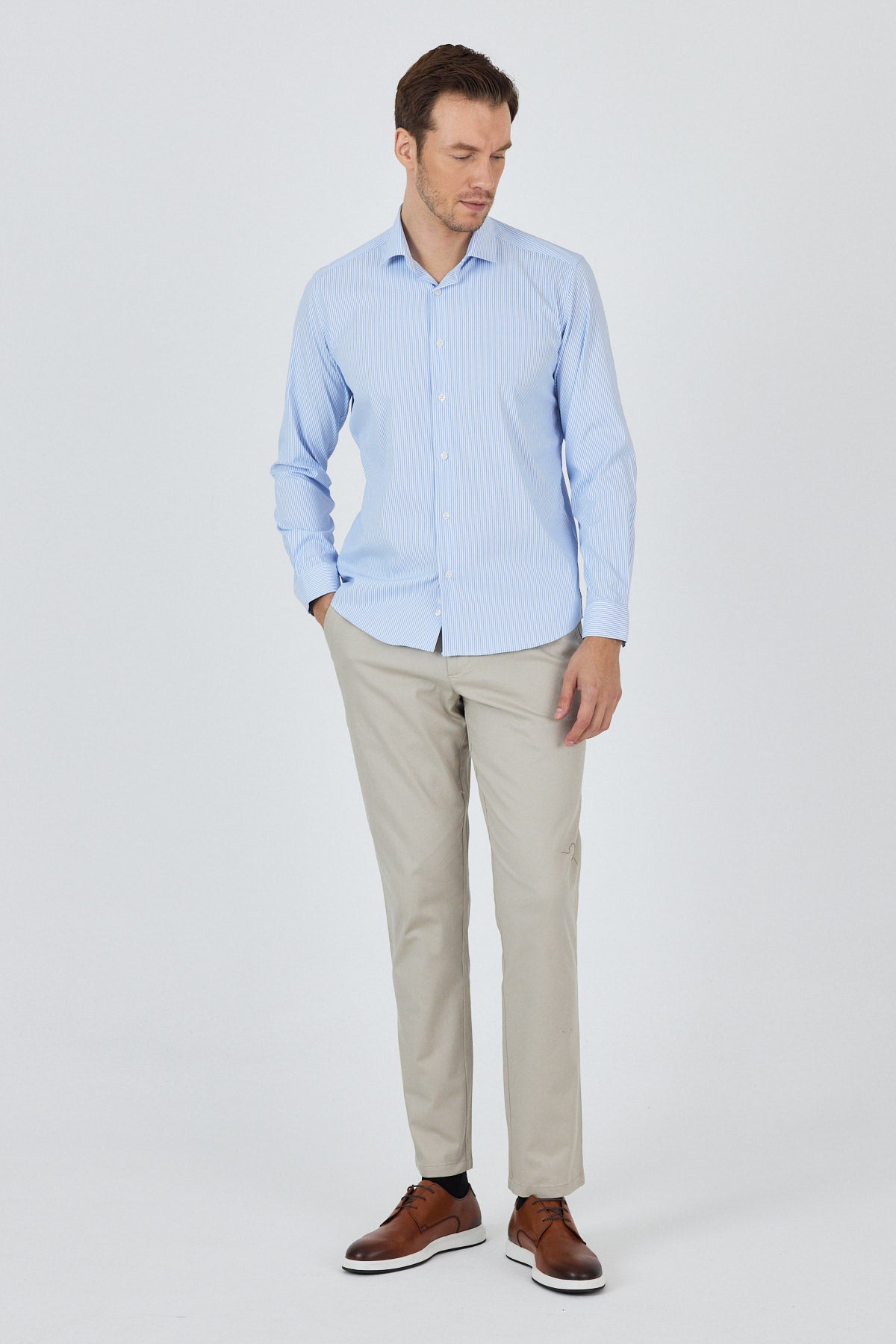 Slim-Fit Stripped Classic Shirt (EASY IRON) - Light Blue