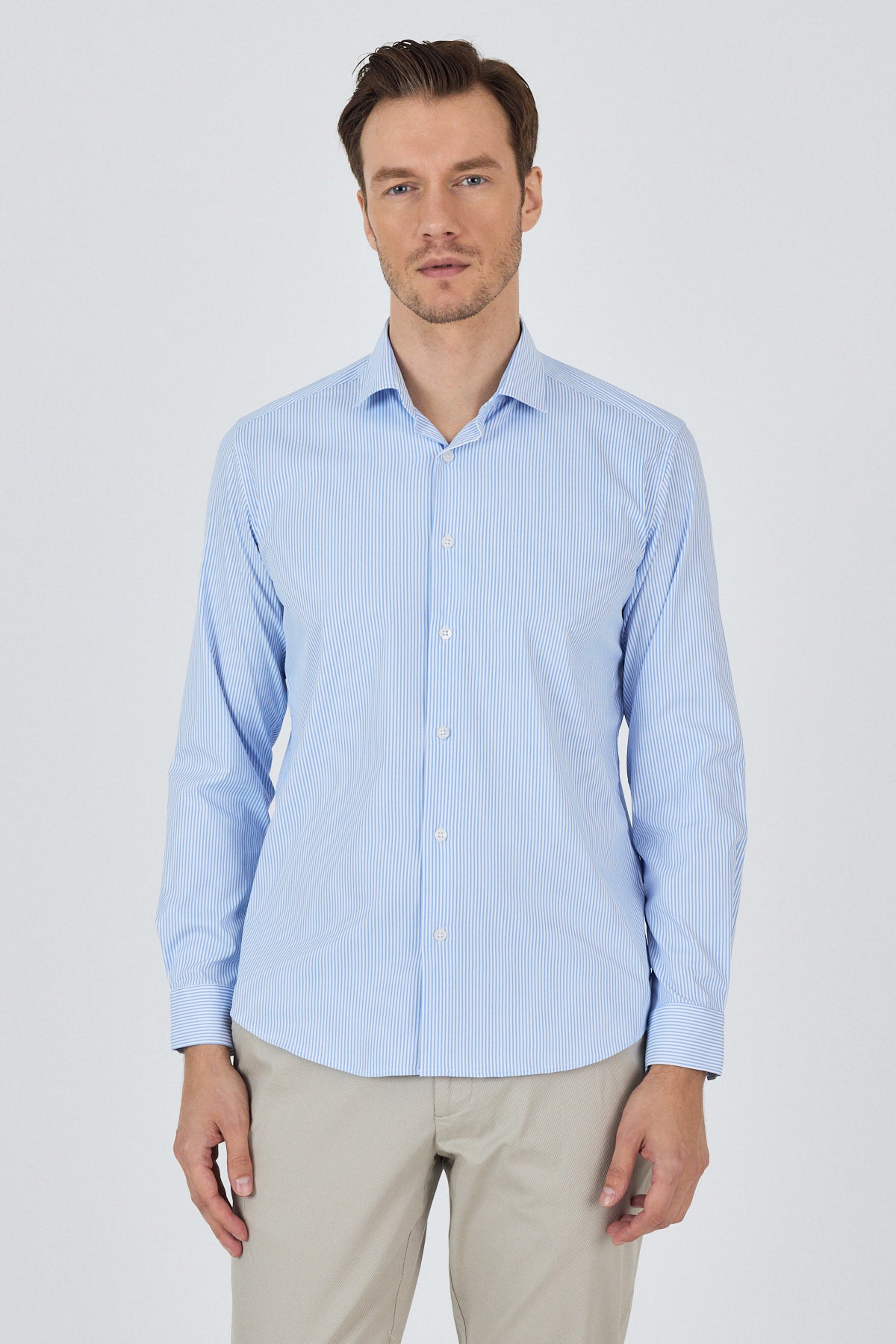 Slim-Fit Stripped Classic Shirt (EASY IRON) - Light Blue