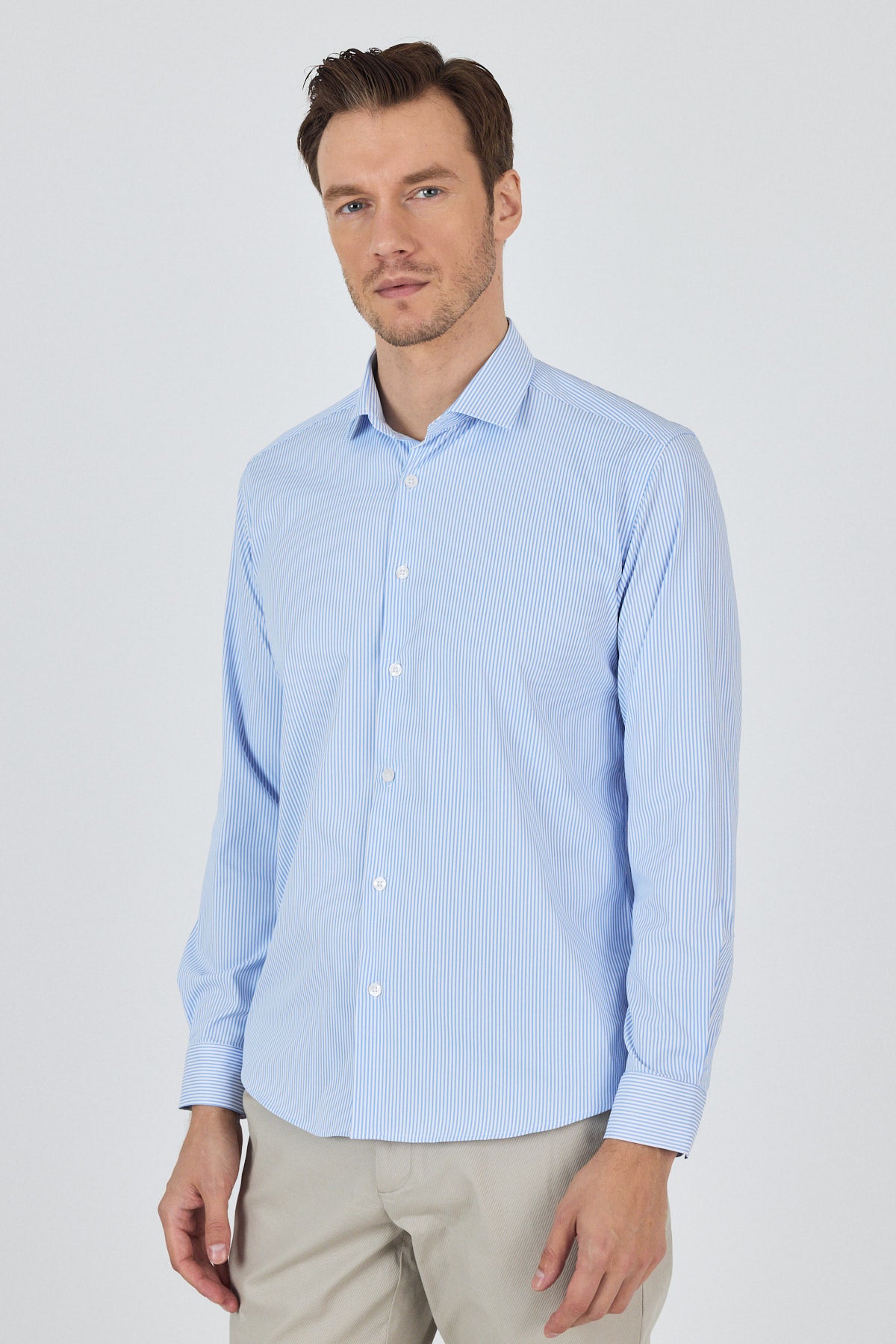 Slim-Fit Stripped Classic Shirt (EASY IRON) - Light Blue