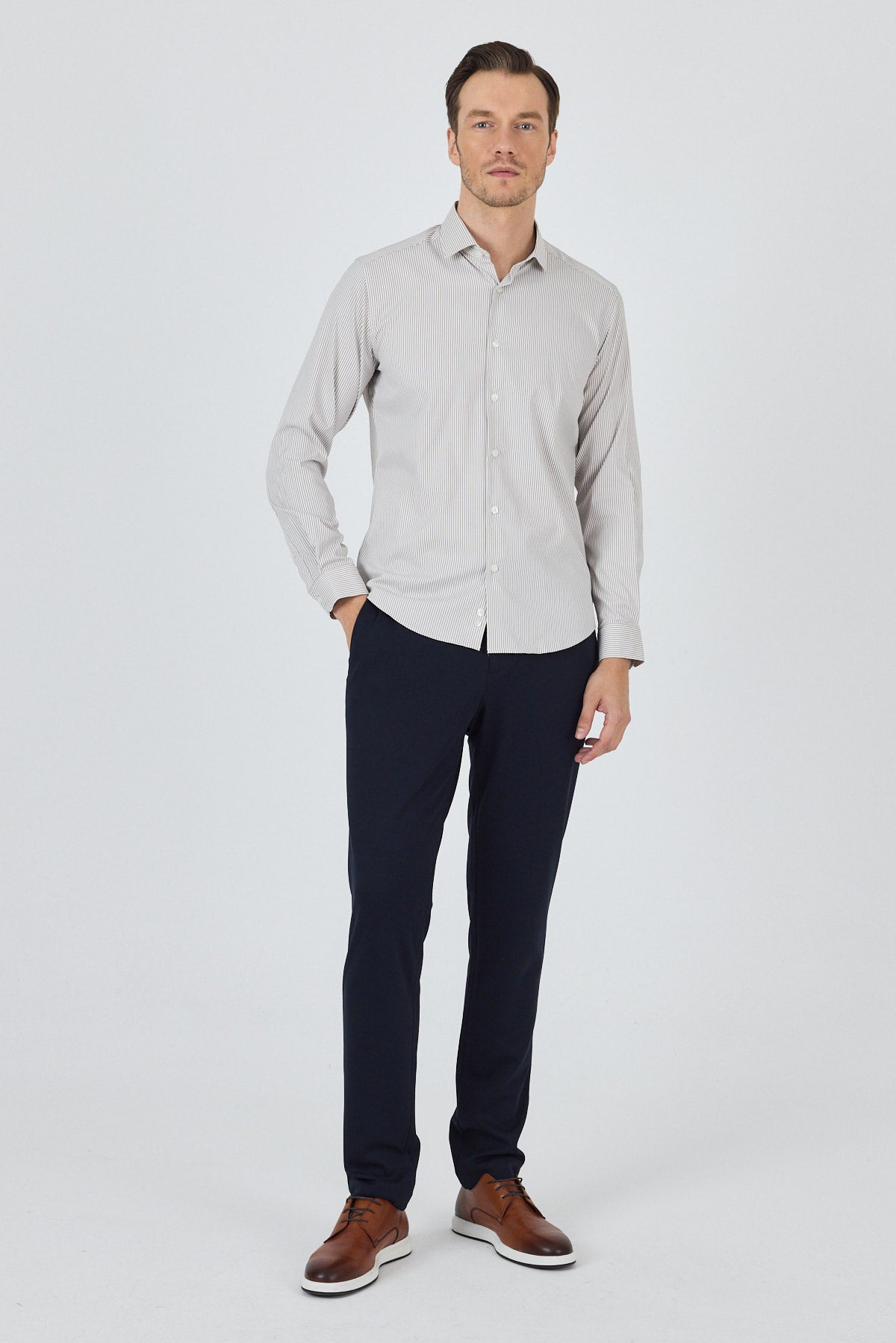 Slim-Fit Stripped Classic Shirt (EASY IRON) - Beige