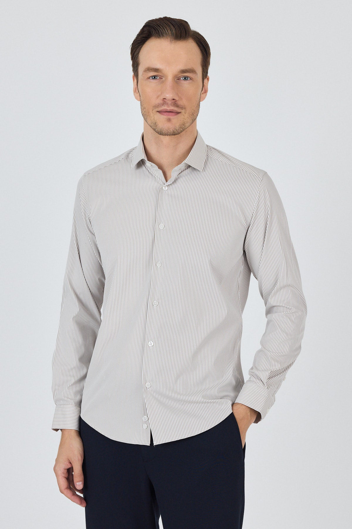 Slim-Fit Stripped Classic Shirt (EASY IRON) - Beige