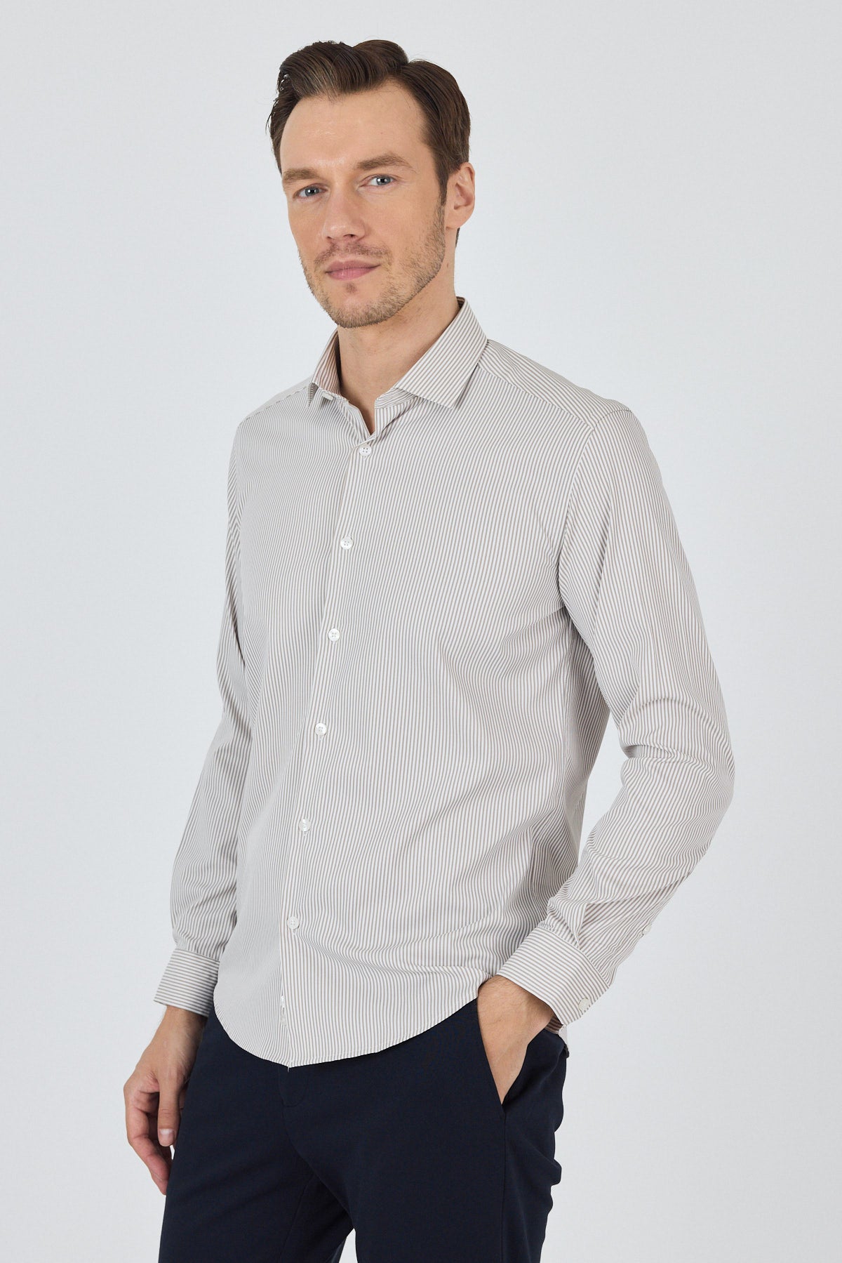Slim-Fit Stripped Classic Shirt (EASY IRON) - Beige