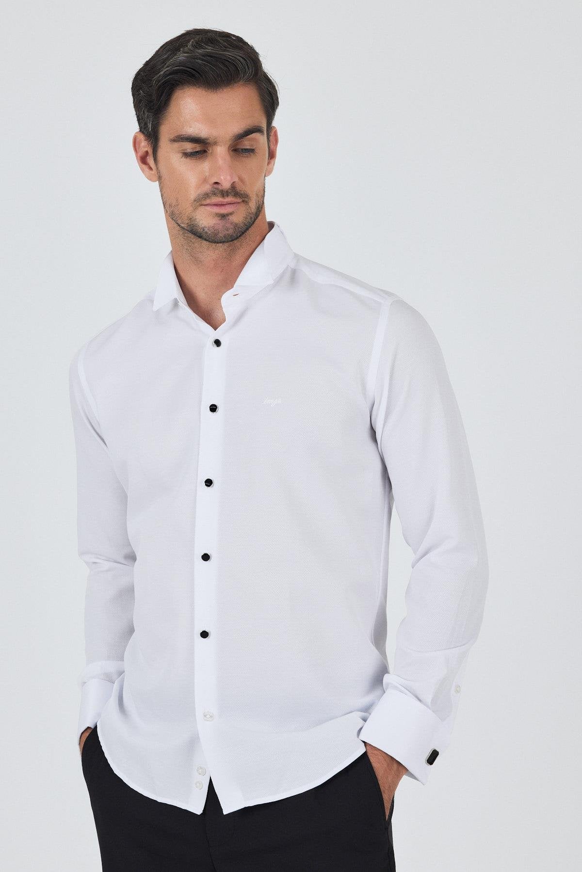 Slim-Fit Black Buttons Tuxedo Shirt - White