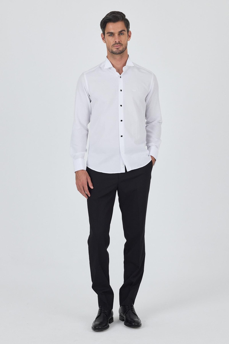 Slim-Fit Black Buttons Tuxedo Shirt - White