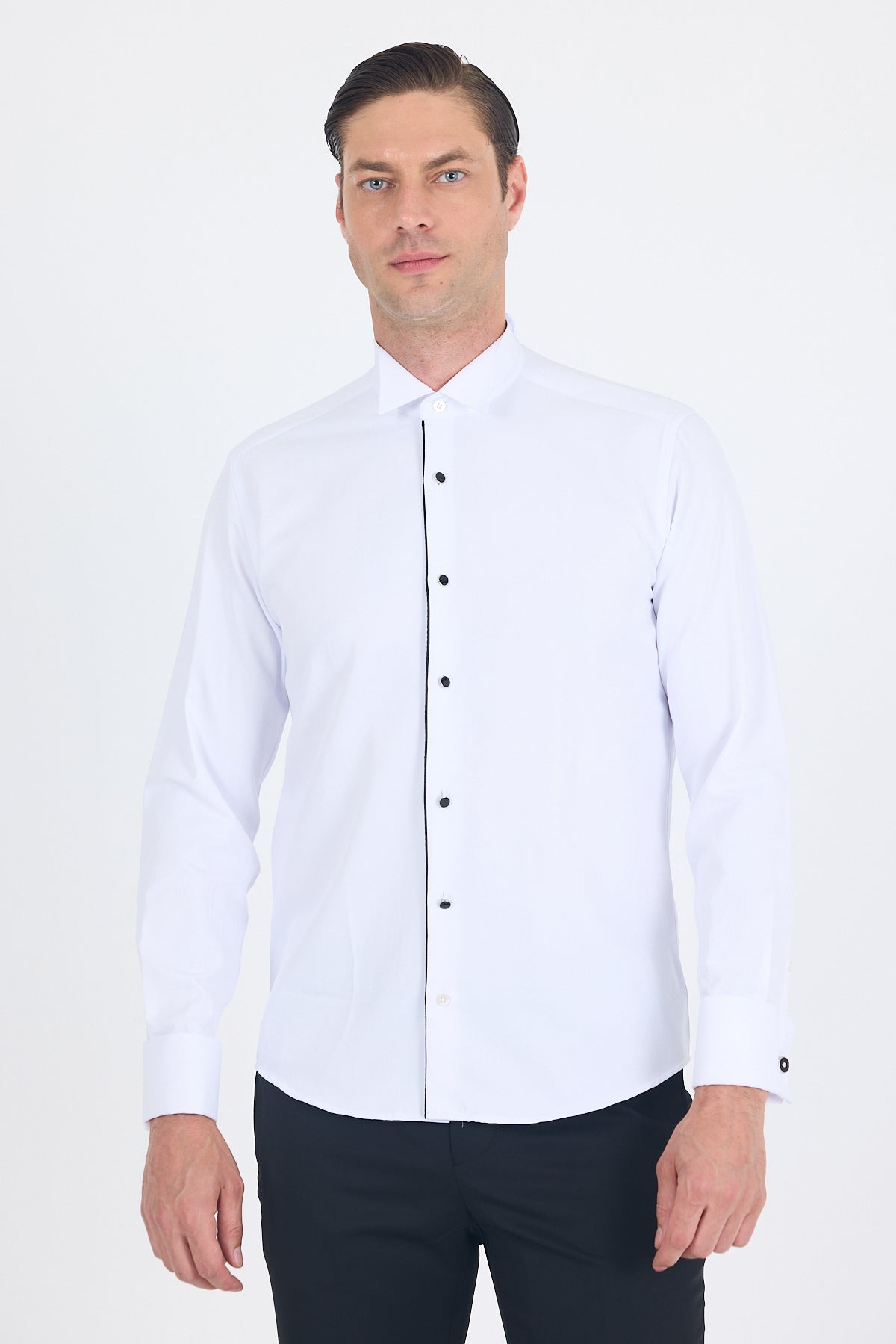 Slim-Fit Black Buttons Tuxedo Shirt - White