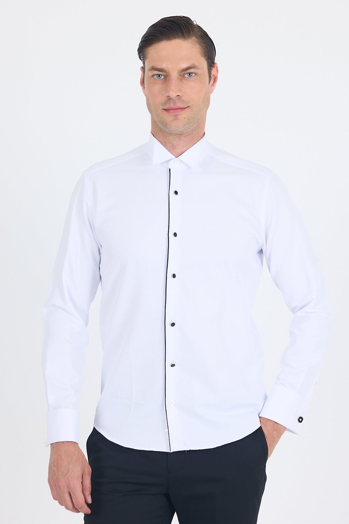 Slim-Fit Black Buttons Tuxedo Shirt - White