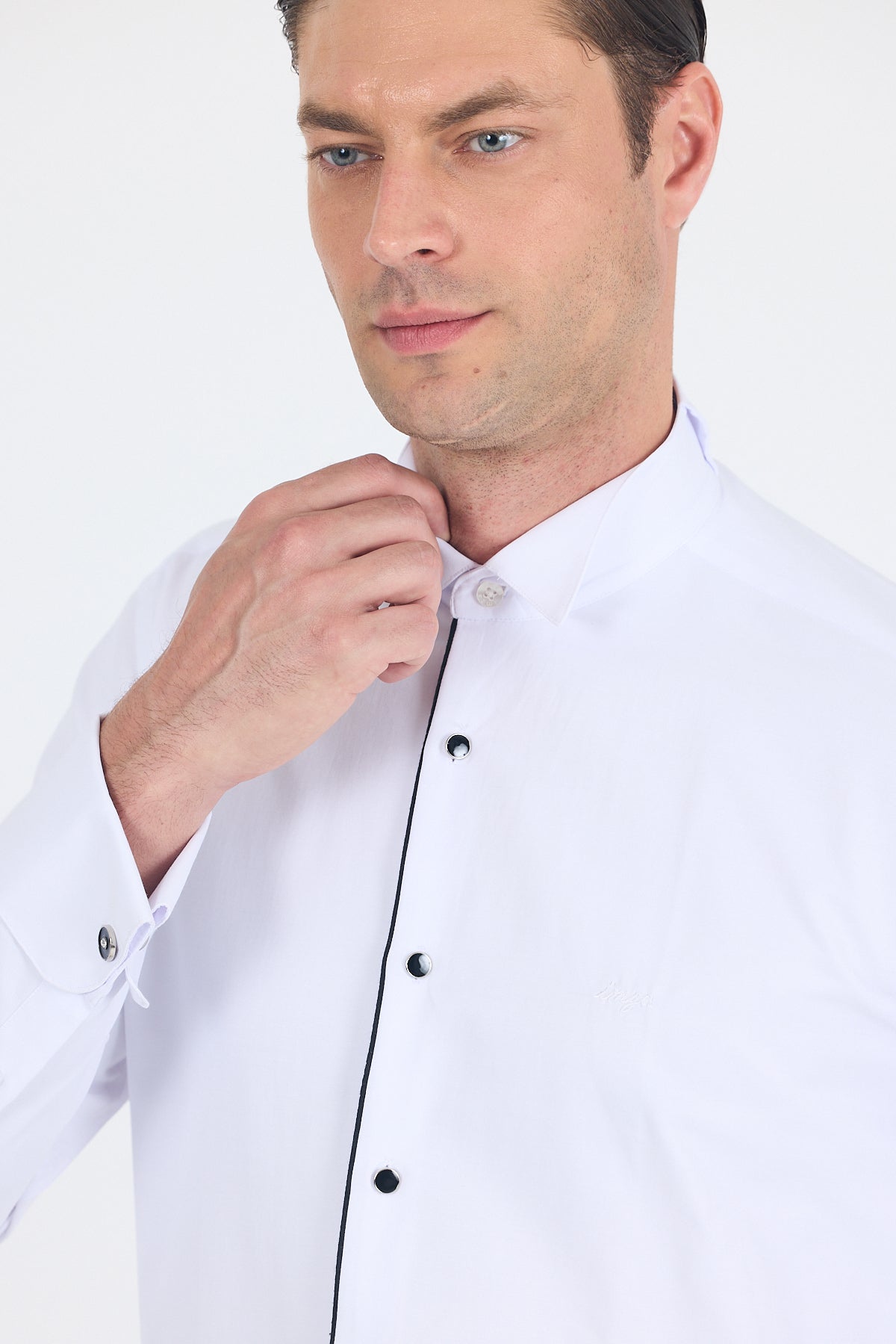 Slim-Fit Black Buttons Tuxedo Shirt - White