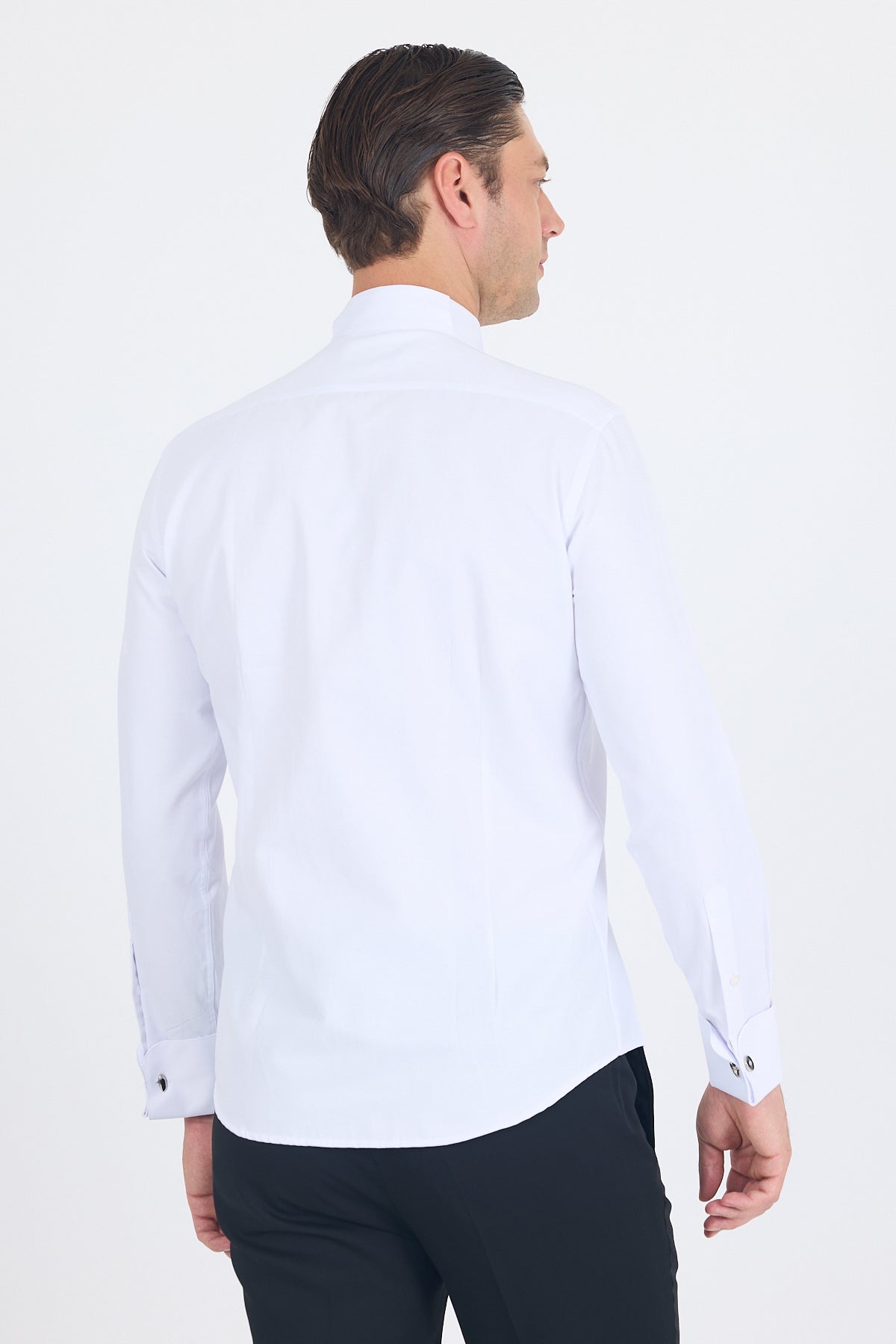 Slim-Fit Black Buttons Tuxedo Shirt - White