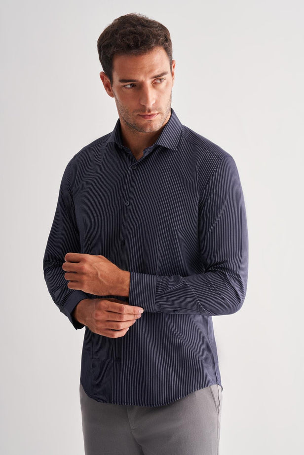 Slim-Fit Striped Classic Shirt - Navy Blue