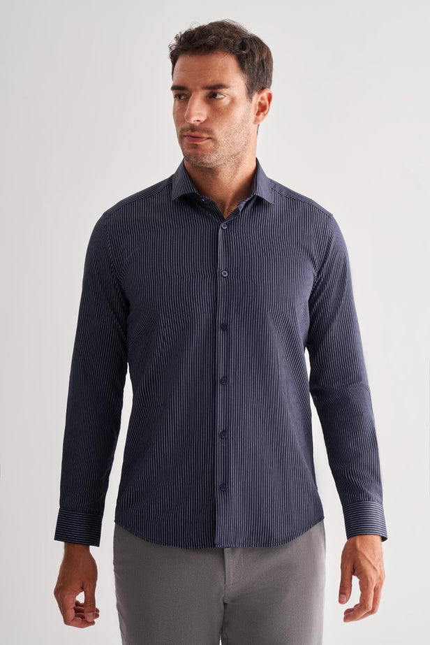Slim-Fit Striped Classic Shirt - Navy Blue