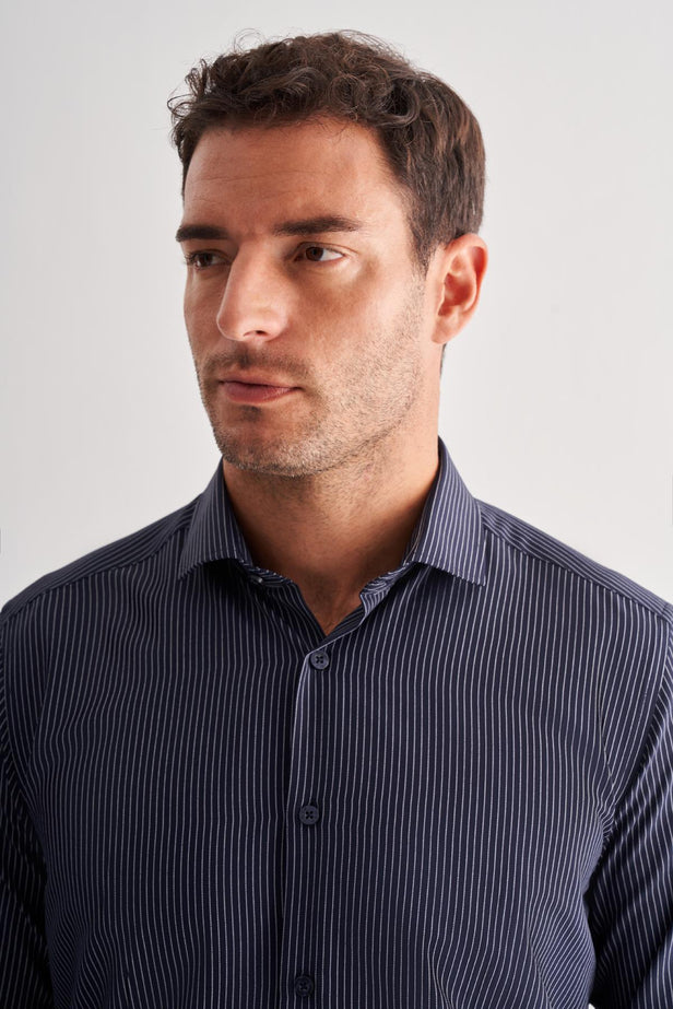 Slim-Fit Striped Classic Shirt - Navy Blue