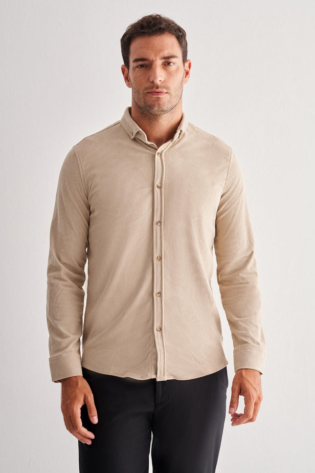 Slim-Fit Corduroy Shirt - Begie
