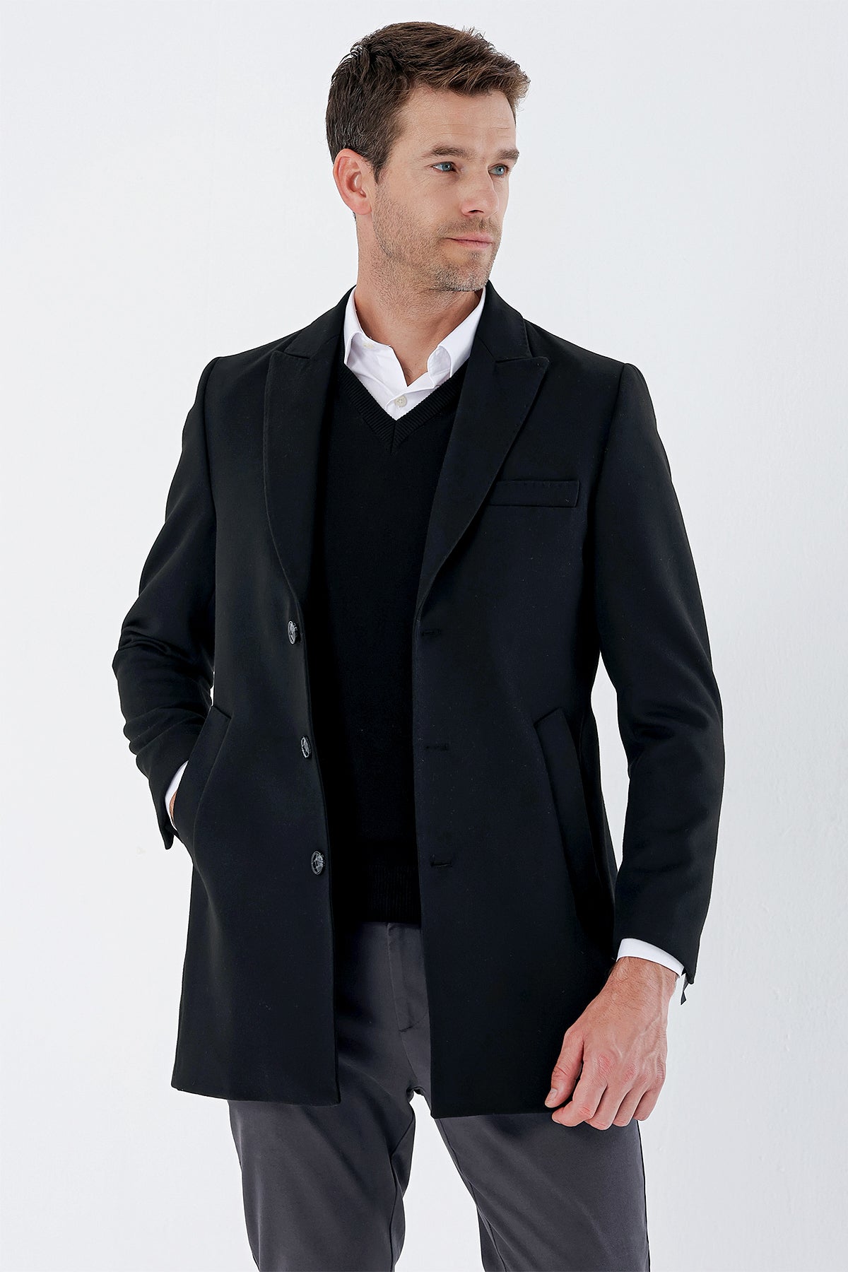 Slim-Fit Long Coat - Black