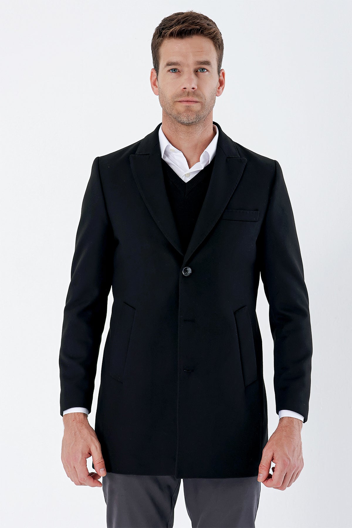 Slim-Fit Long Coat - Black