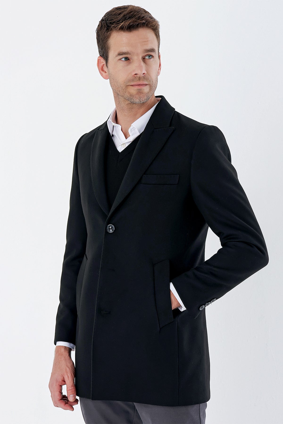 Slim-Fit Long Coat - Black