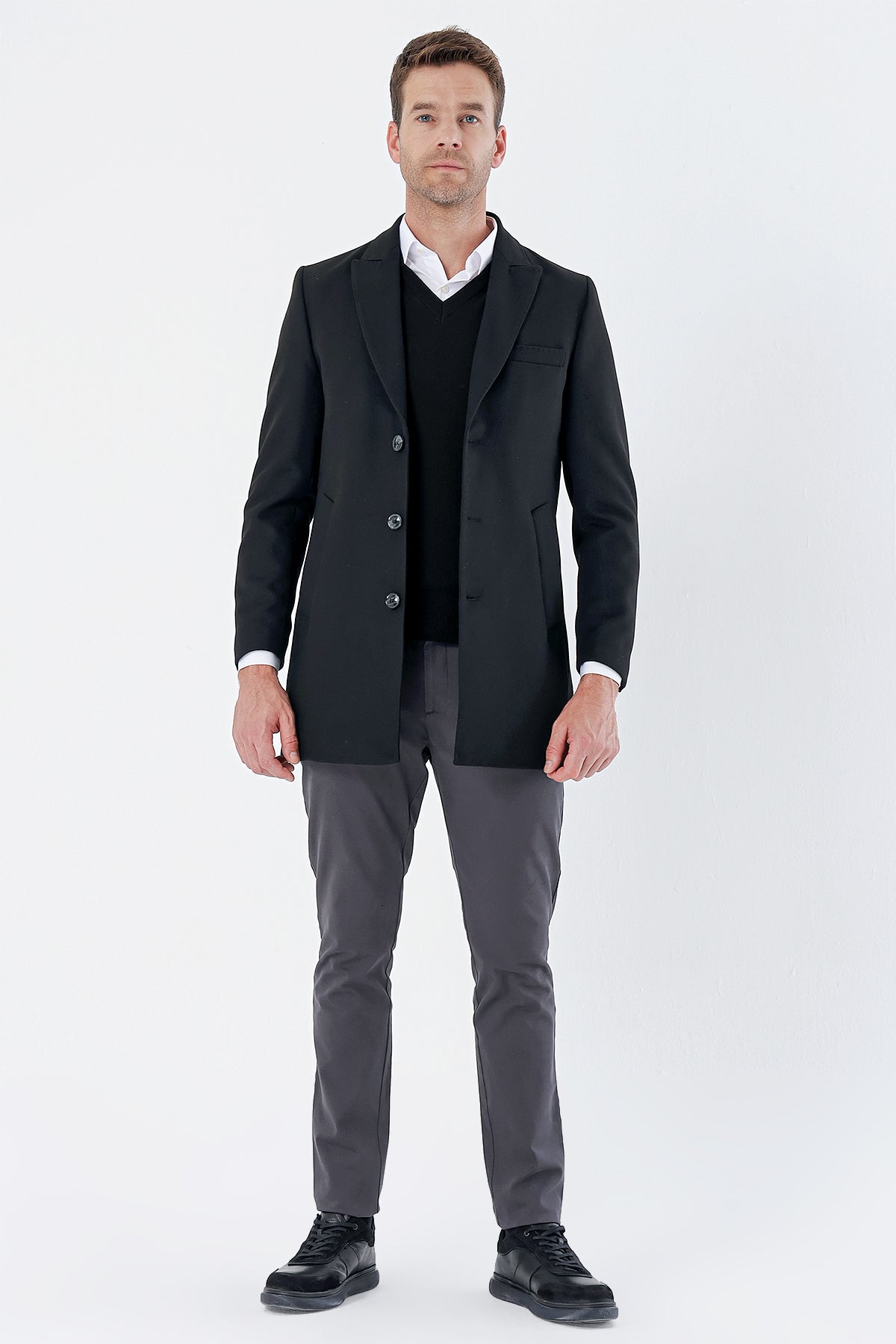 Slim-Fit Long Coat - Black