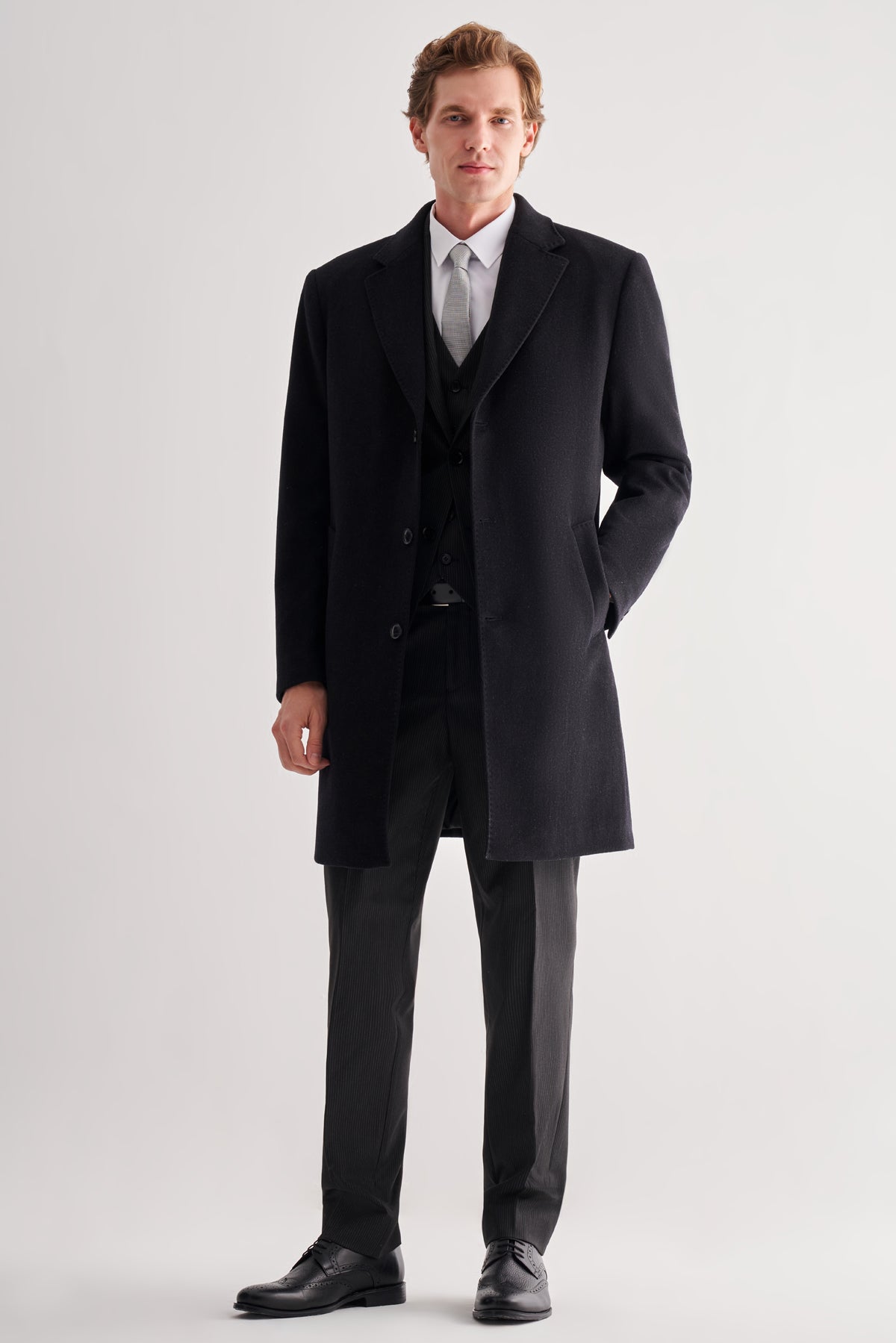 Comfort-Fit Wool Long Coat - Black