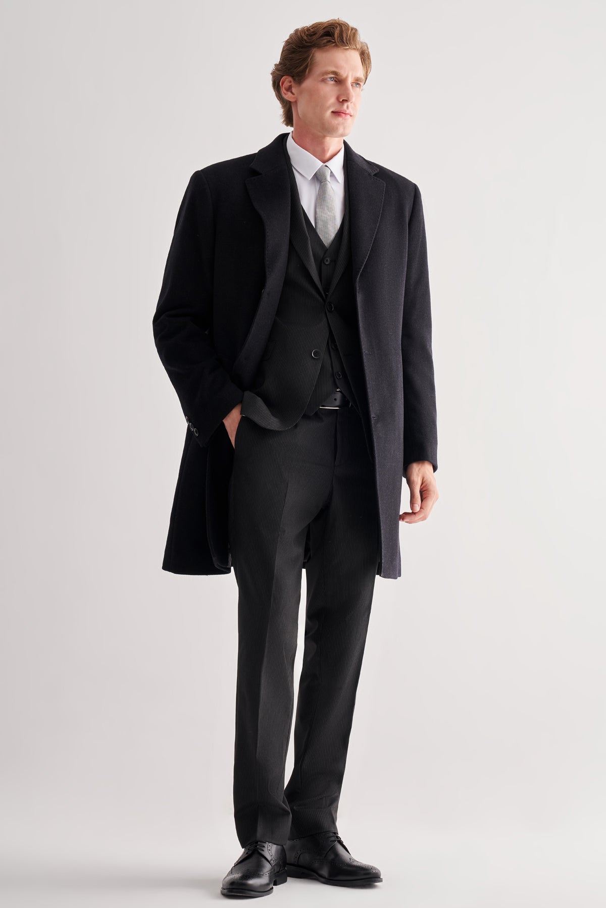 Comfort-Fit Wool Long Coat - Black