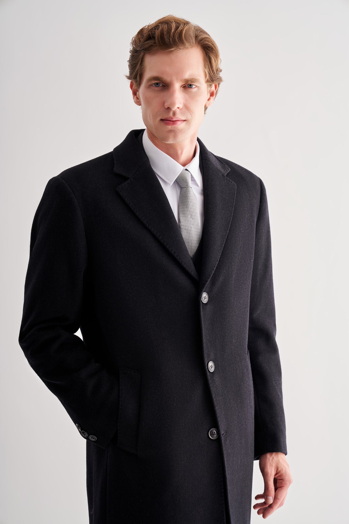 Comfort-Fit Wool Long Coat - Black