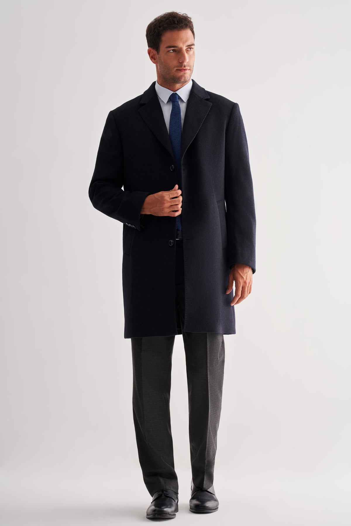 Comfort-Fit Wool Long Coat - Dark Navy