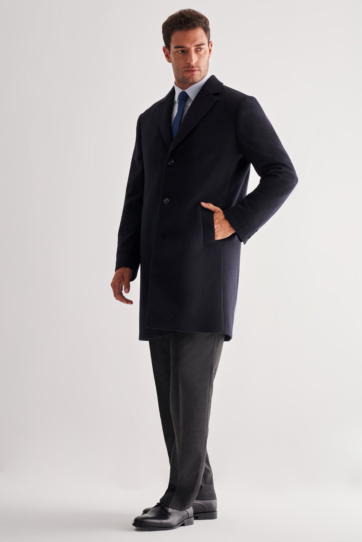 Comfort-Fit Wool Long Coat - Dark Navy