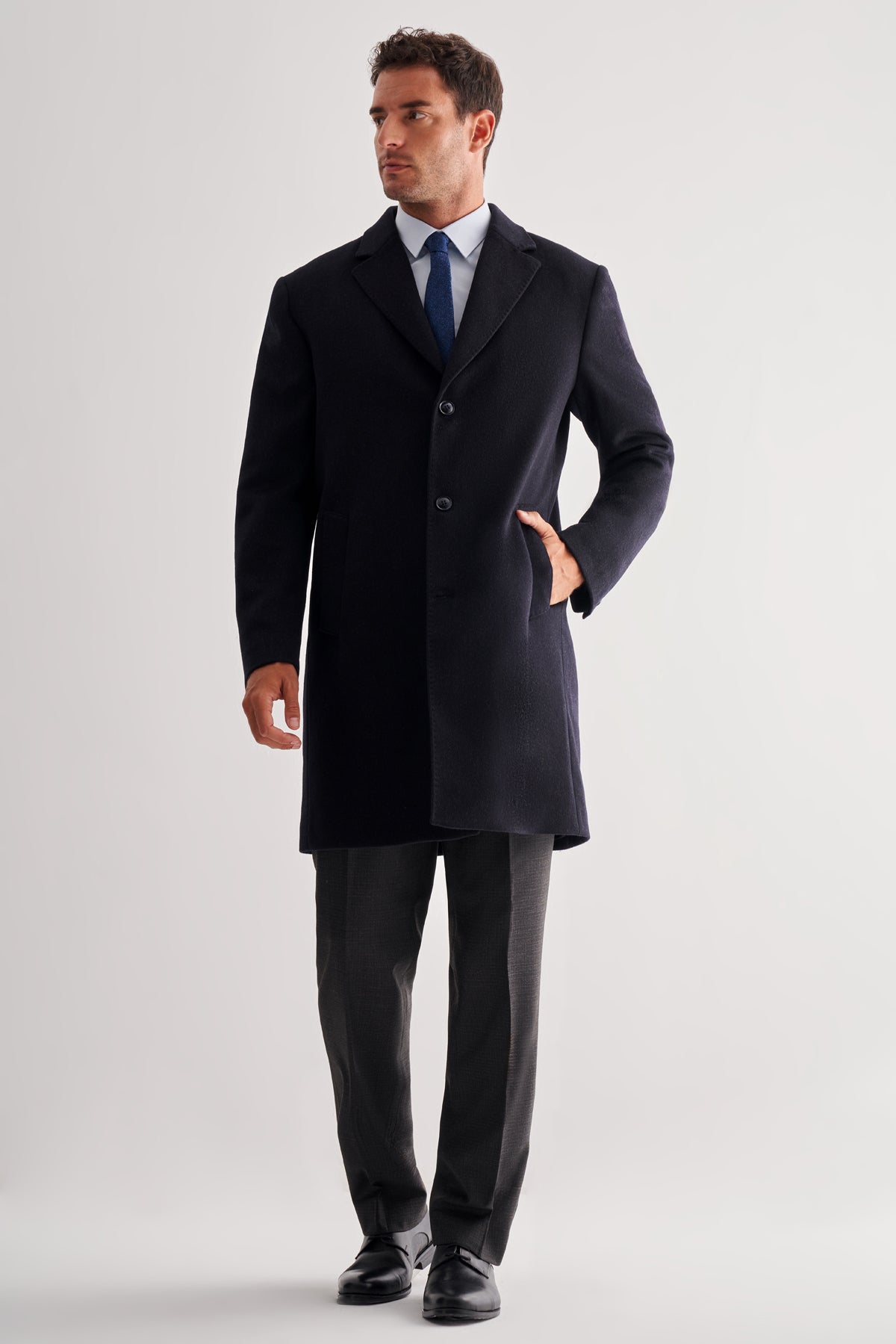 Comfort-Fit Wool Long Coat - Dark Navy