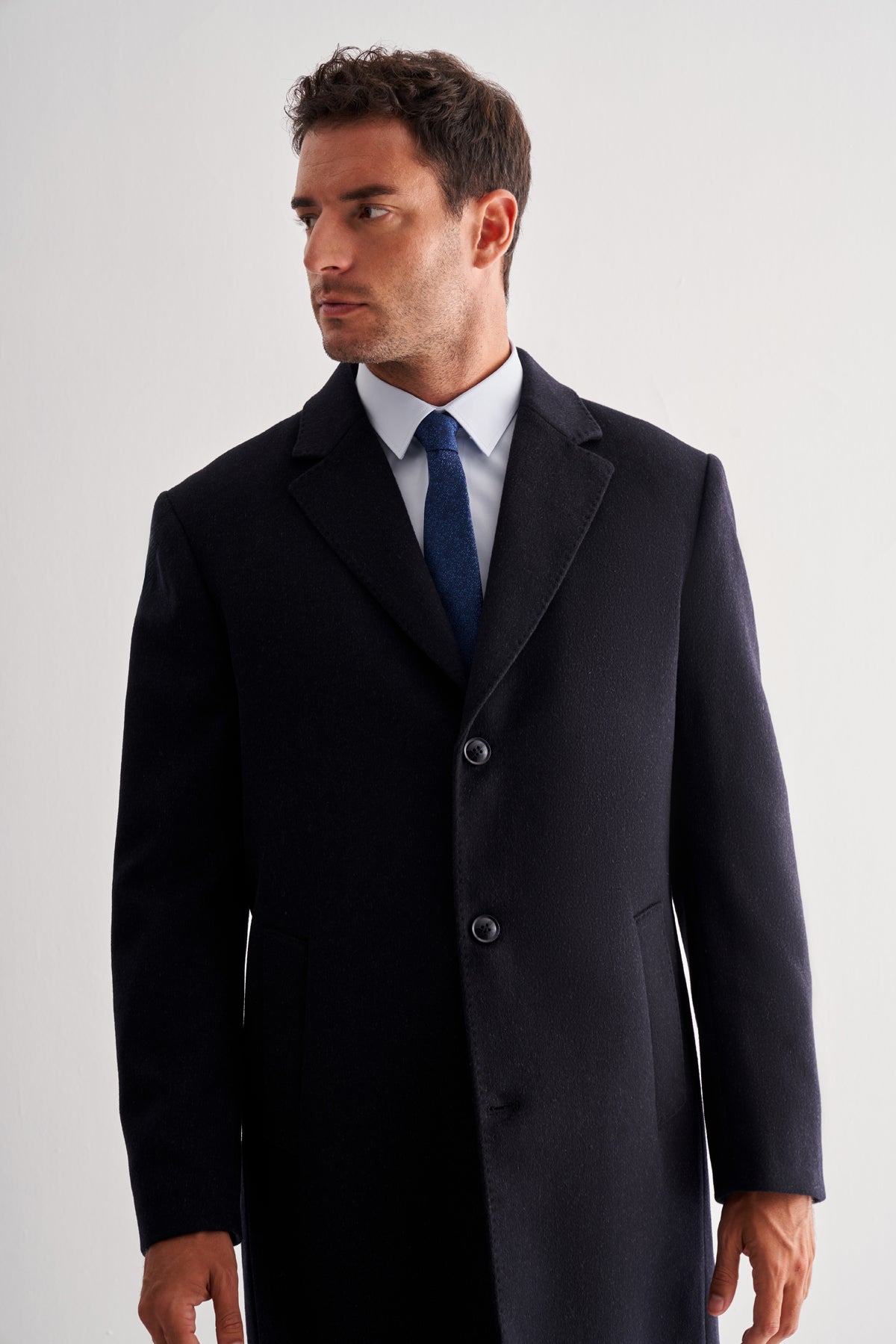 Comfort-Fit Wool Long Coat - Dark Navy