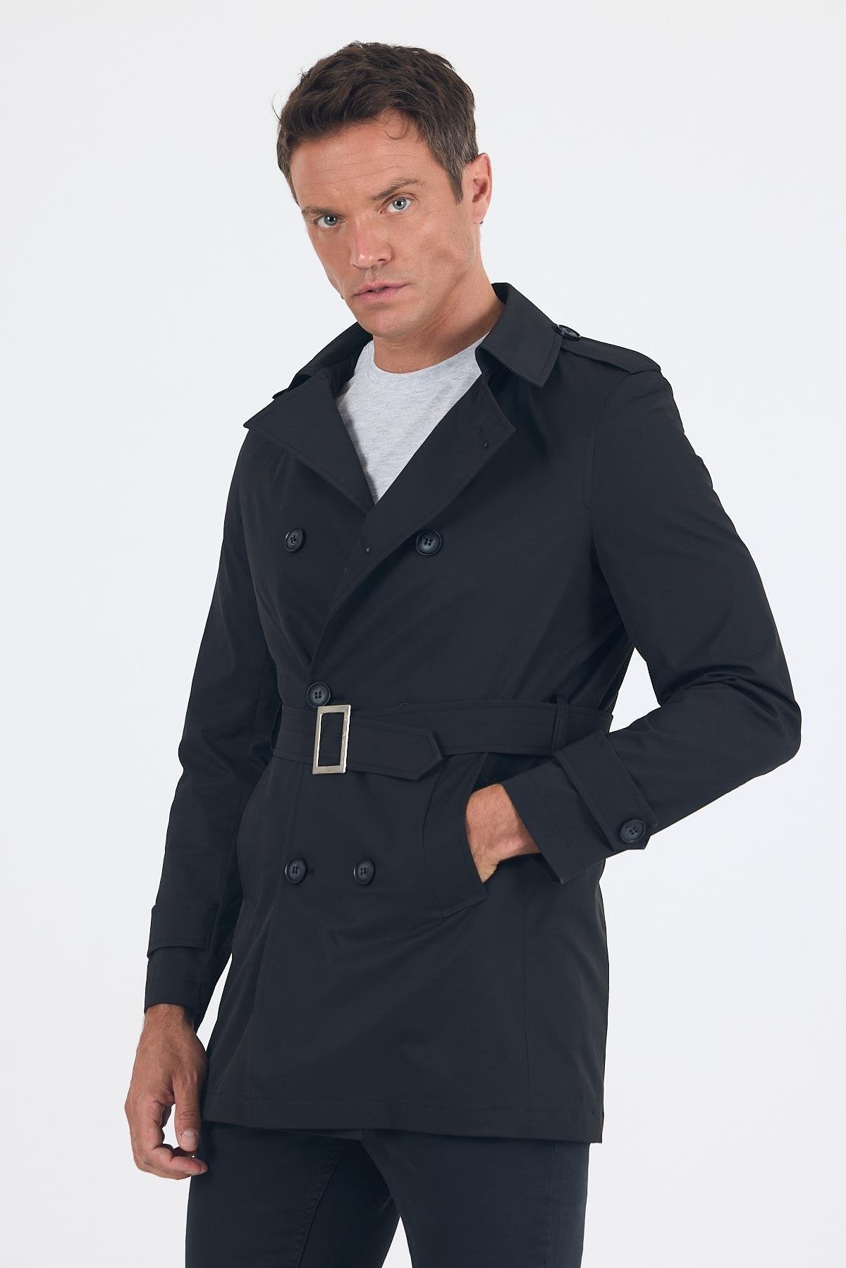 Slim-Fit Trench Coat - Black