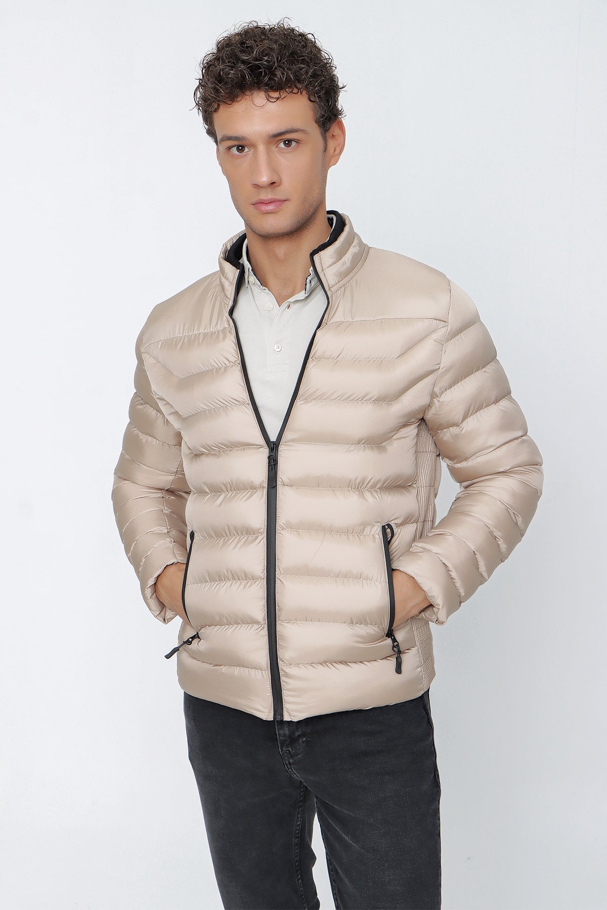 Slim Fit Stand Up Collar Puffer Jacket Light Beige