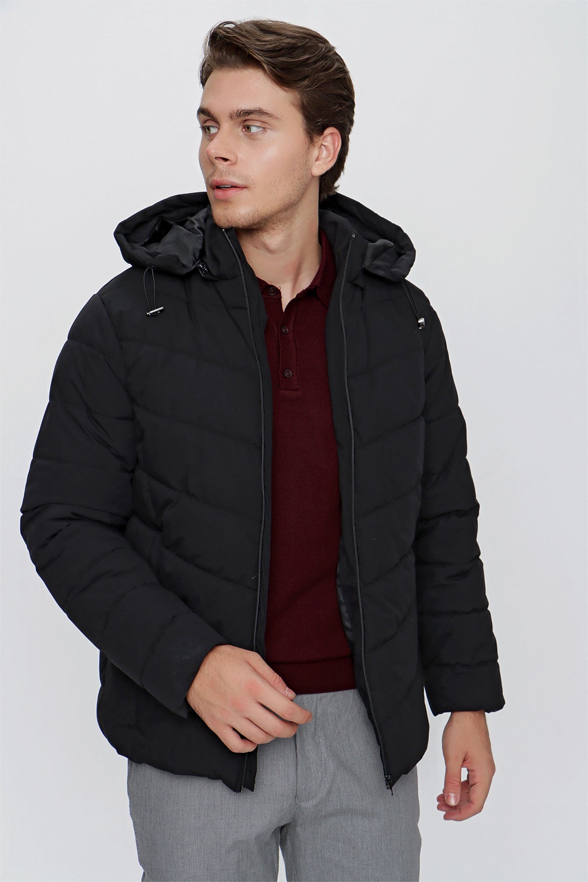 Slim-Fit Hooded Puffer Jacket - Black