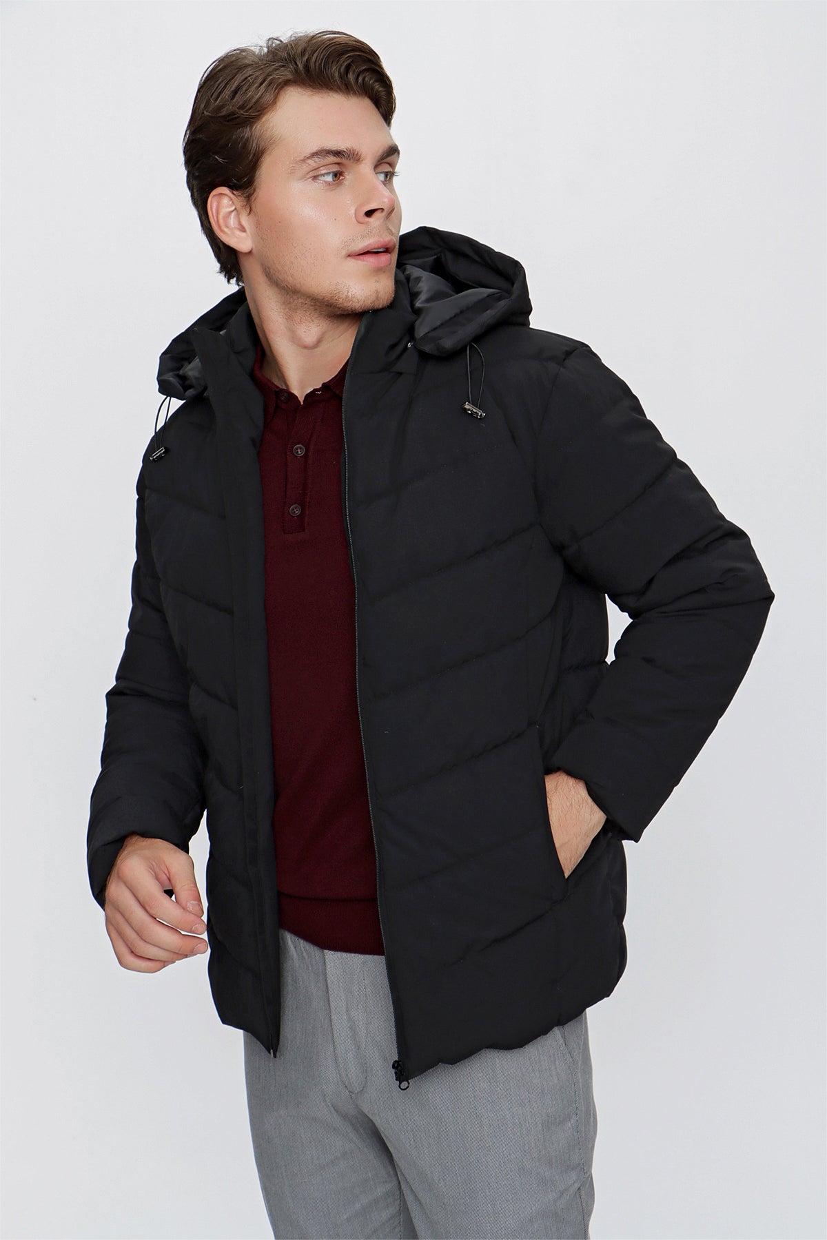 Slim-Fit Hooded Puffer Jacket - Black