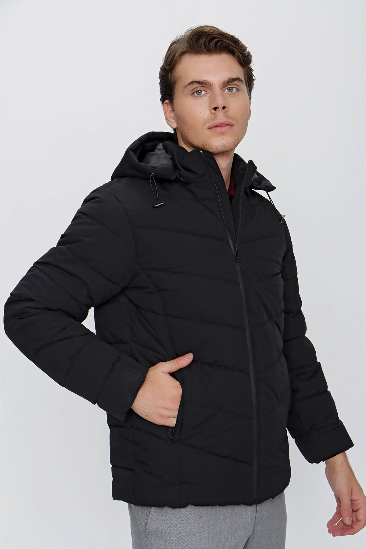 Slim-Fit Hooded Puffer Jacket - Black