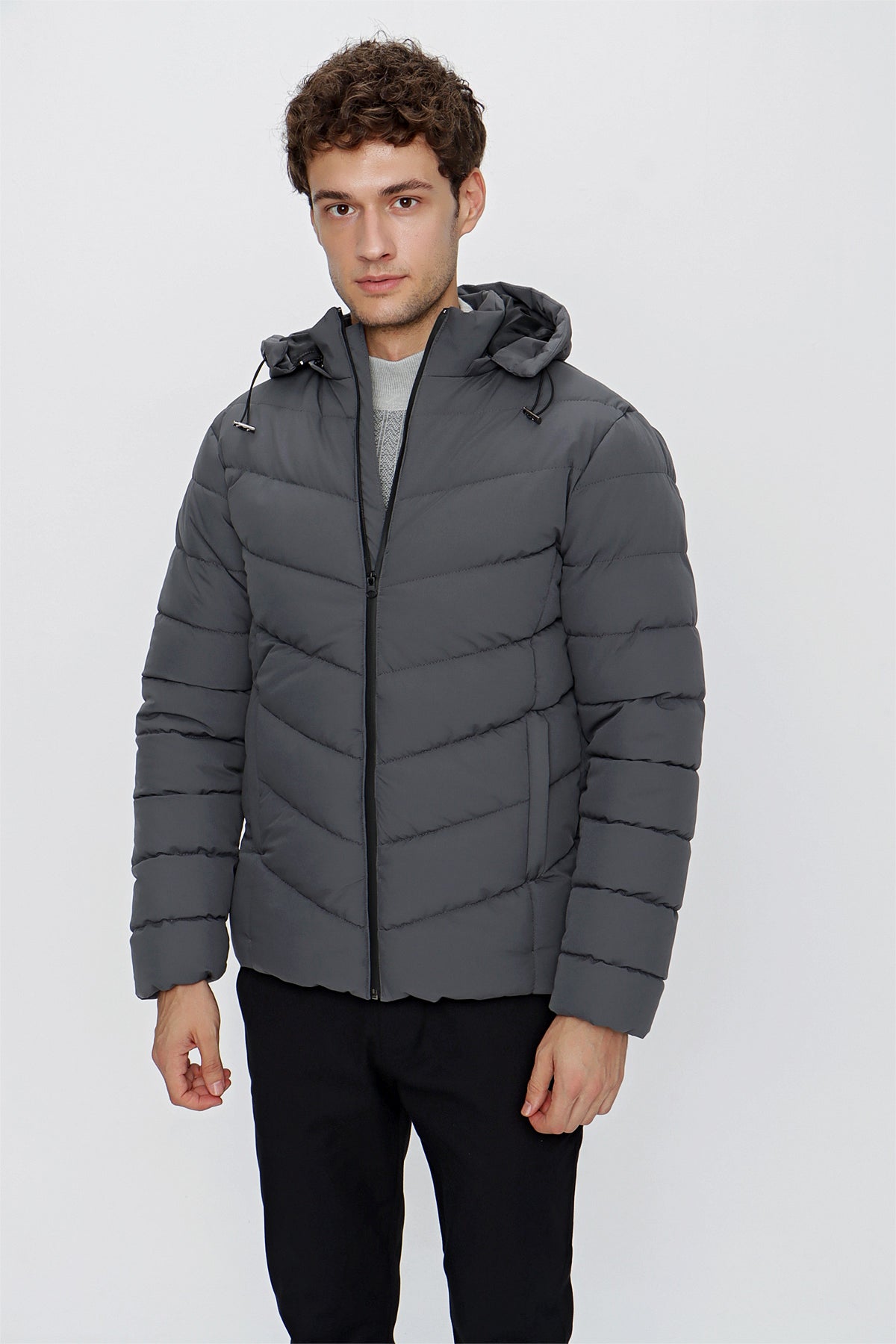 Slim-Fit Hooded Puffer Jacket - Grey