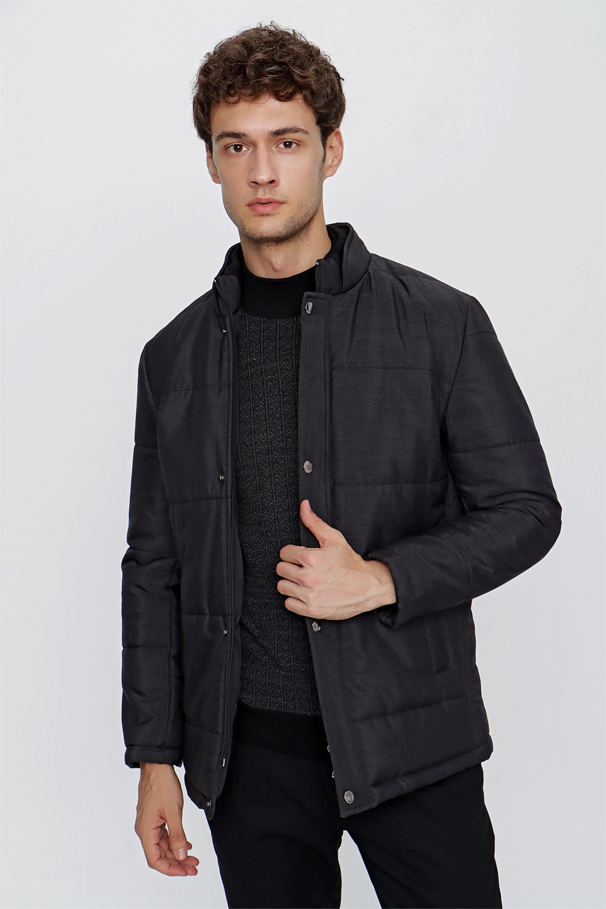 Slim-Fit Stand-Up Collar Puffer Jacket - Black