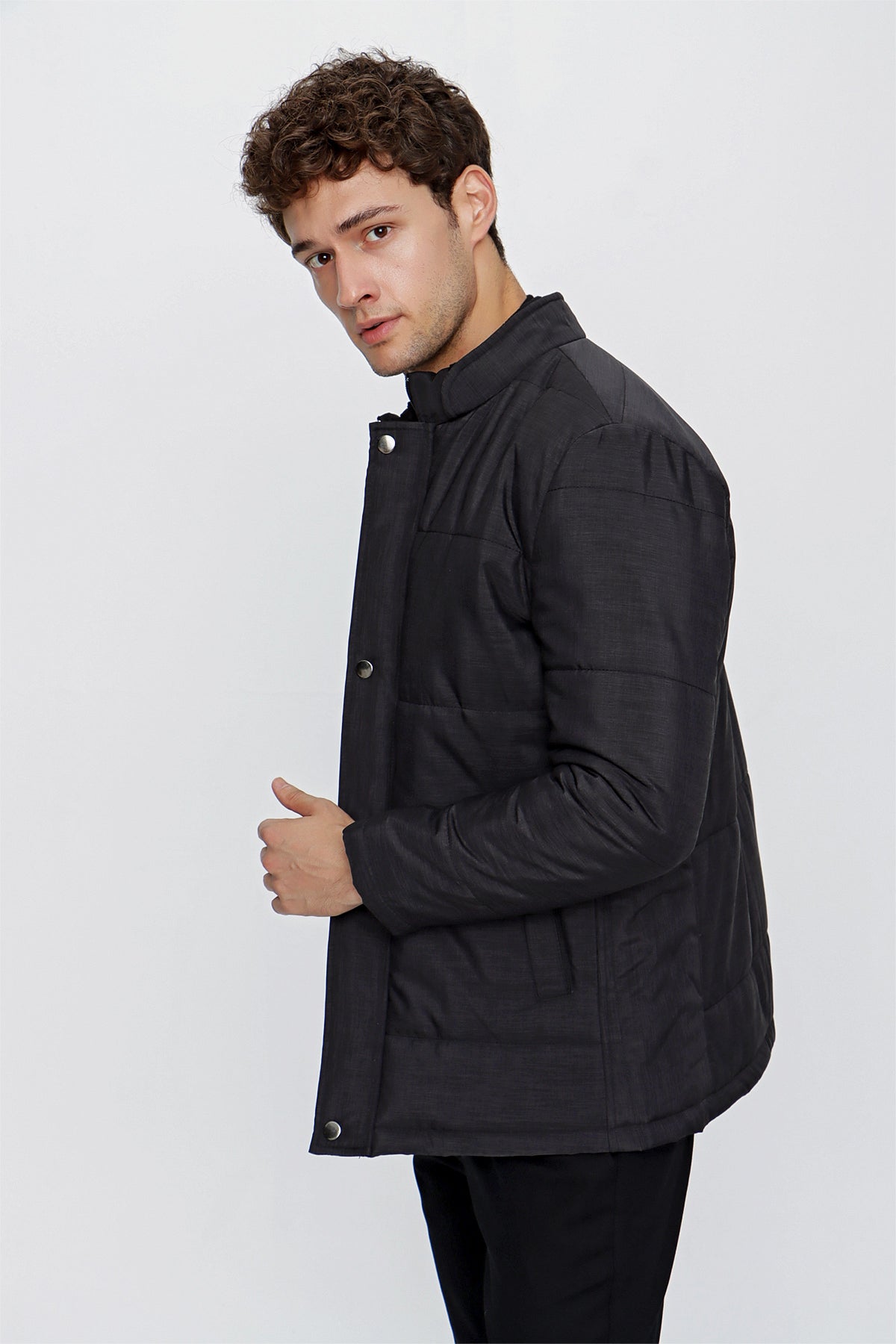 Slim-Fit Stand-Up Collar Puffer Jacket - Black