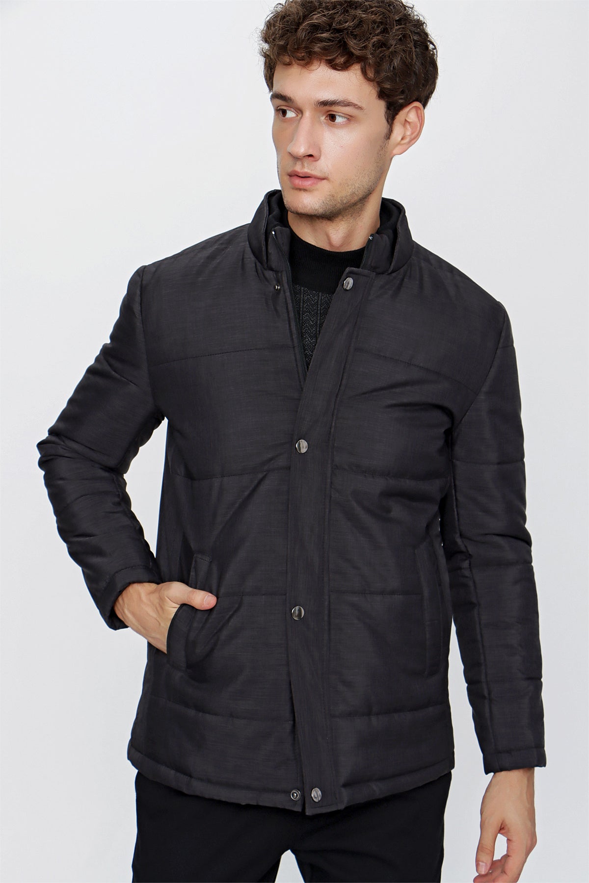 Slim-Fit Stand-Up Collar Puffer Jacket - Black