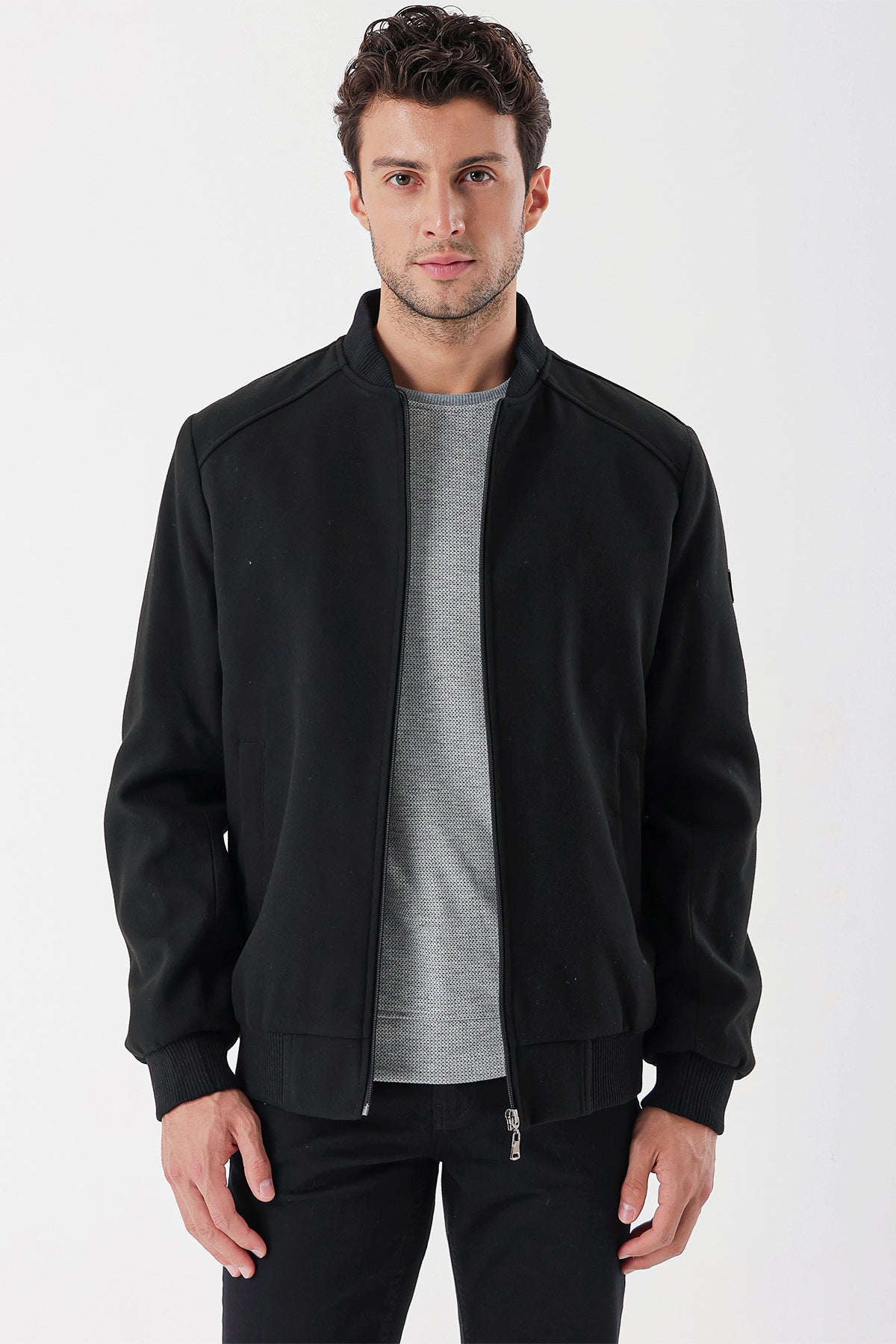 Comfort-Fit College Collar Casual Jacket - Black