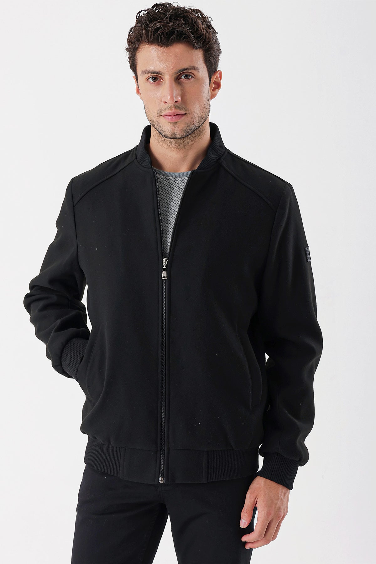 Comfort-Fit College Collar Casual Jacket - Black