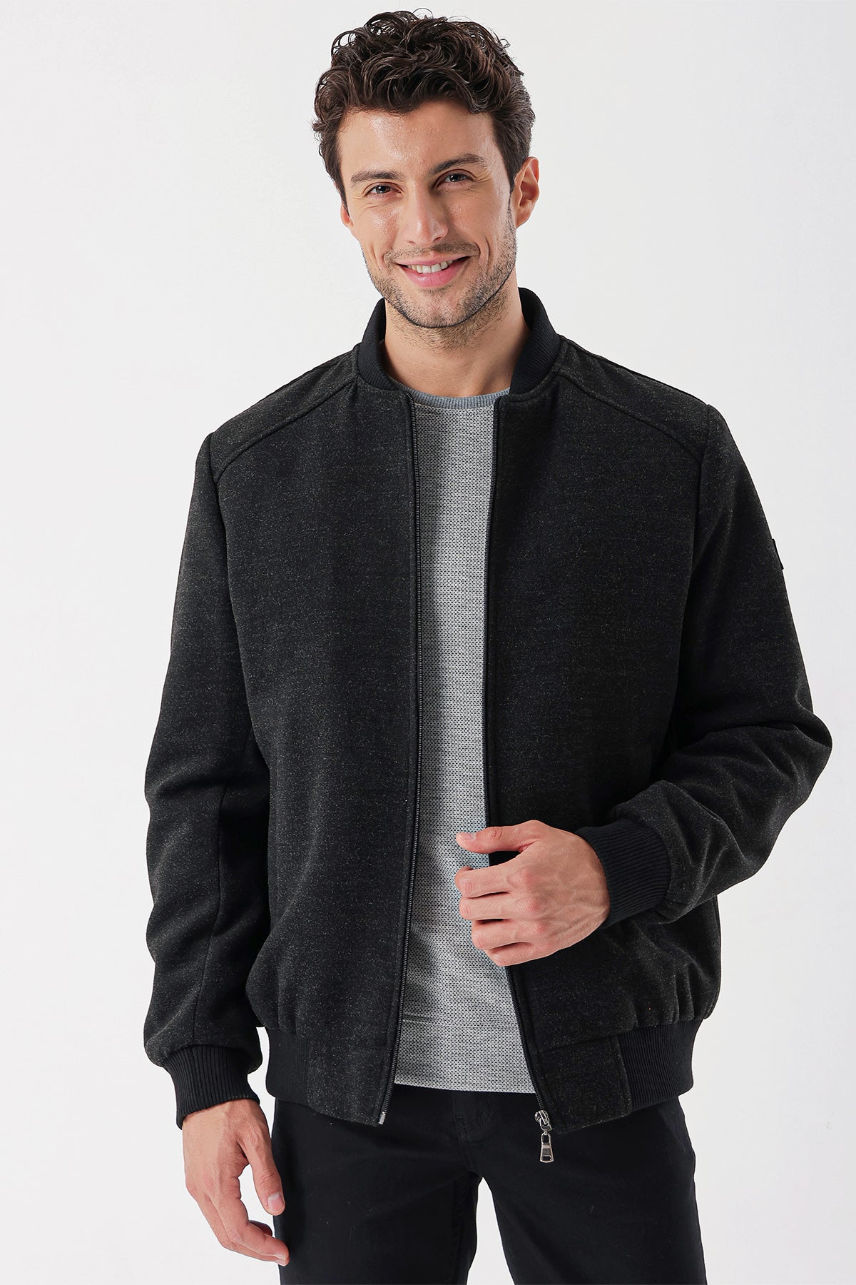 Comfort-Fit College Collar Casual Jacket - Dark Grey